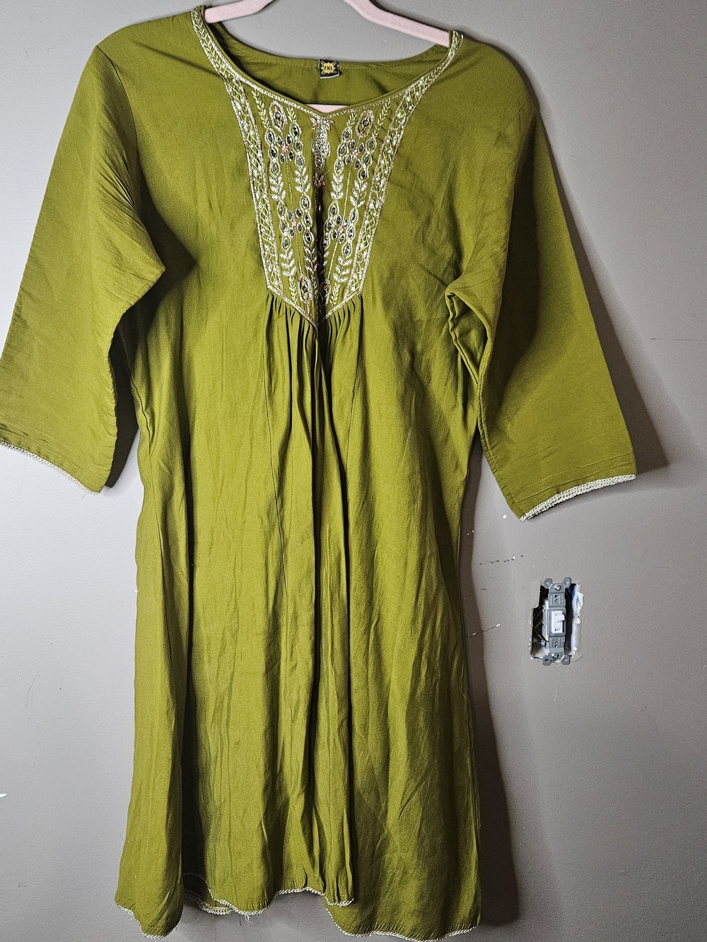 Olive Green Embroidered Tunic Dress Ptp 21.5" Length 37" The Dress Is Lined.